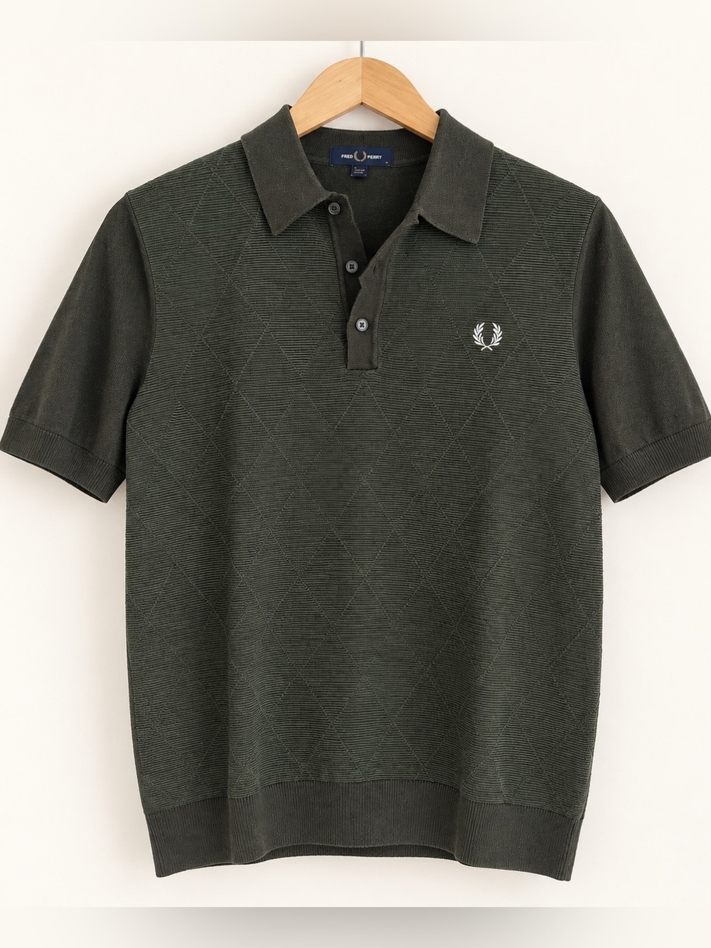 Fred Perry Men’s Olive Green Argyle Knit Polo Shirt Size M